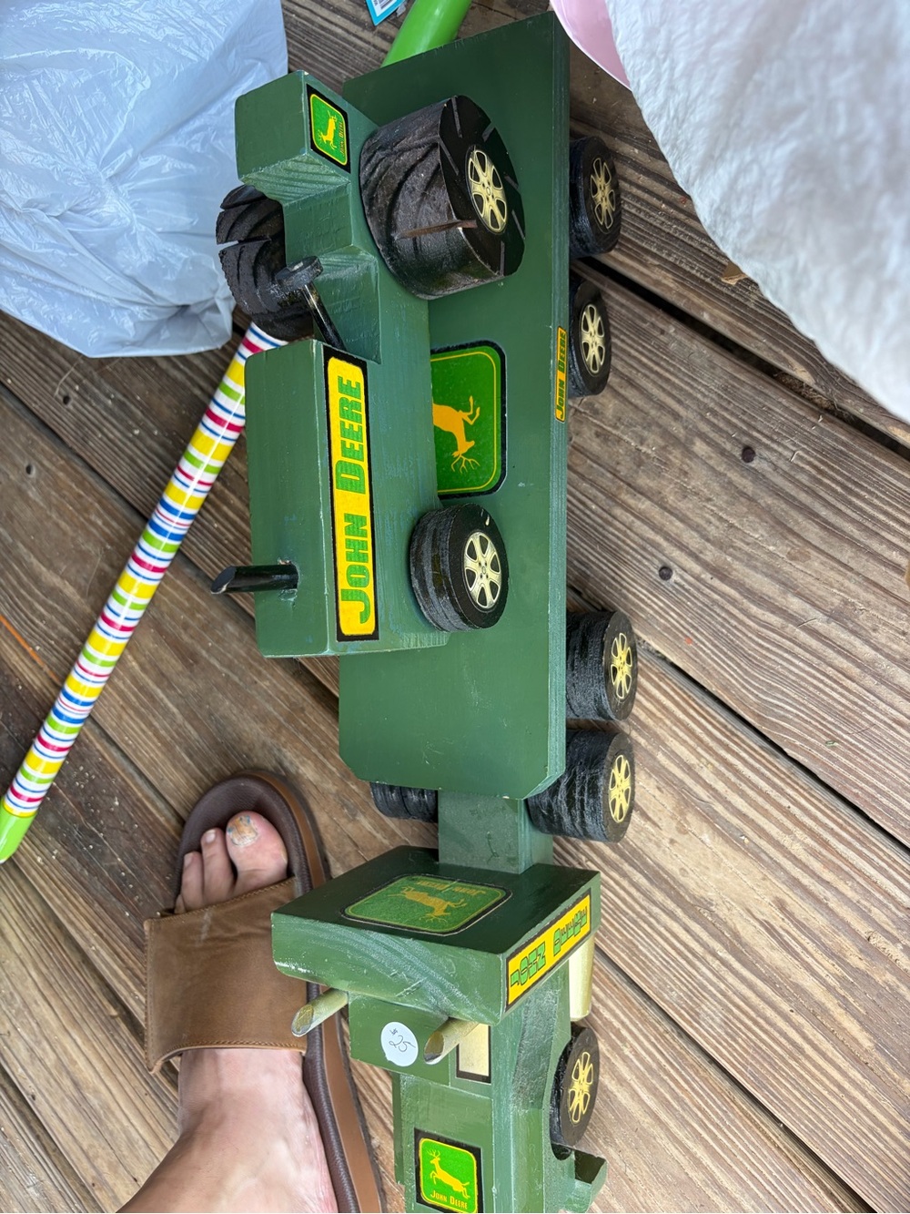 John Deere Green and Yellow Wooden Toy Truck Trailer